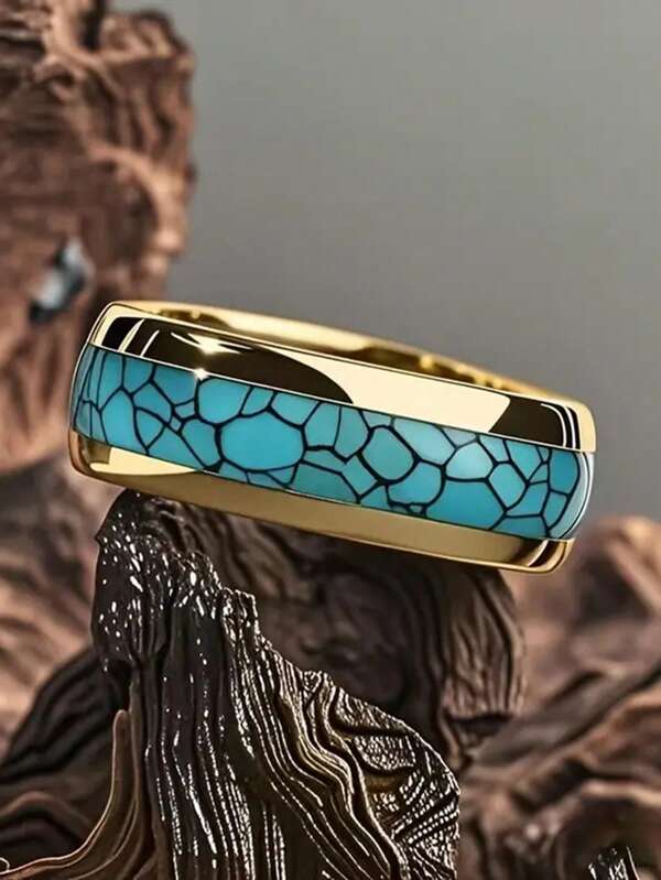 Anéis de aço inoxidável dourados da moda para homens, acessórios de joias, presente de festa de aniversário, vintage, imitação de turquesa quebrada, anéis masculinos com incrustação