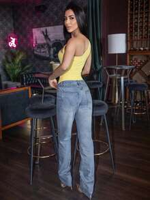 Carolina Barros Women's Solid Color Simple Daily Asymmetrical Neck Bodysuit Women Bodysuits - Yellow - View 4