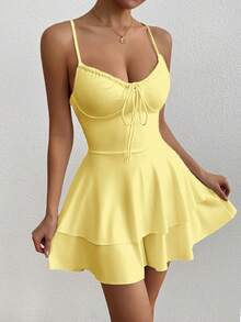 1 pieza Vestido de mujer estilo Y2K sexy con espalda cruzada y cordón, elegante mono con pliegues sin espalda, adecuado para bar, fiesta, hogar, graduación