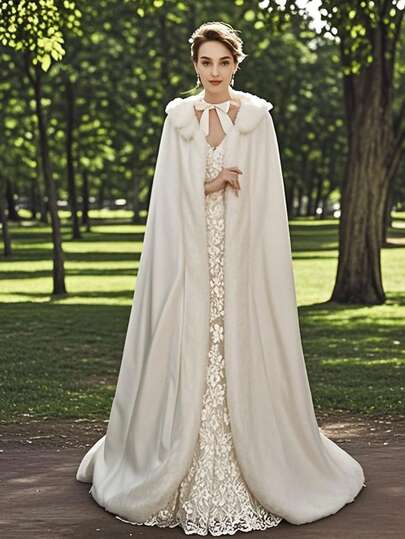 1pc Women's Christmas Shawl, White Open Front Fluffy Shawl With Tie Velvet Bow Decor, Warm Winter Bridal Shawl For Wedding, Party, Adult Ceremony, Elegant Vintage Romantic Solid Color Casual