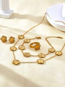 1pc/Set Elegant Minimalist Versatile 18K Gold Plated Stainless Steel Clover Necklace, Bracelet, Earrings & Ring Jewelry Set, Suitable For Women Everyday & Party Wear