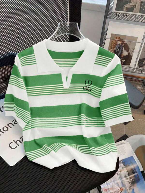 Women's Short Sleeve Striped Polo Shirt With Embroidery, Summer Top