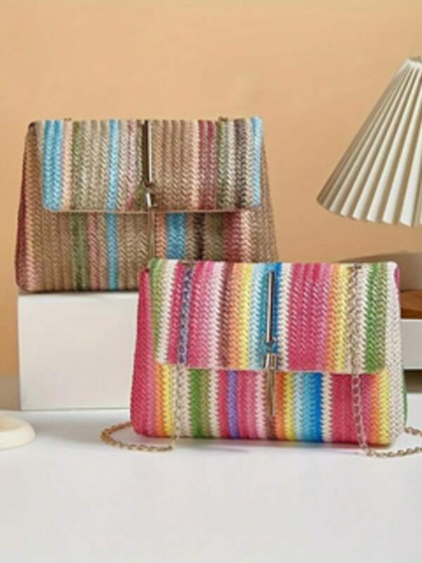 2025 New Casual Lightweight Colorful Woven Tassel Braided Crossbody Bag With Lock & Chain Strap, Fashion Handbag For Women