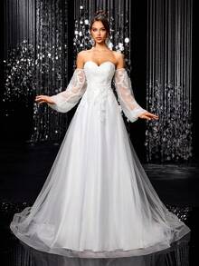 露肩长袖蕾丝婚纱，优雅薄纱新娘礼服，适合新娘、晚礼服和毕业礼服 - 白色 - 查看 4