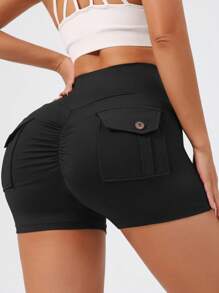 Pantalones cortos deportivos de cintura alta tipo cargo para mujer, leggings de compresión con pliegues y bolsillos con solapa que levantan el trasero