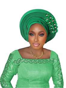 尼日利亚头带婚礼派对头饰优雅非洲头带头巾成品女士自动发带女式头巾 - 疊層黏花 - 查看 22