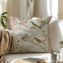 1 buc. Față de pernă decorativă cu model vintage de păsări și crengi florale, material moale din catifea piersică, imprimare pe o singură față, 45 * 45 cm / 50 * 50 cm, potrivită pentru casă, dormitor, sufragerie, canapea, cadou