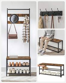 Meuble d Entrée, Porte-manteaux, avec Banc et Étagère à Chaussures, 9 Crochets Amovibles, Tringle, 32,2 x 84 x 180 cm, pour Entrée, Chambre, Style Industriel, Marron Rustique et Noir - Marron + Noir - Voir 3