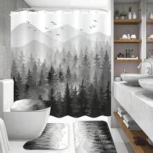 4 Pcs Funny Cat Shower Curtain Set With Rug Teal Blue Sea Ocean Bathroom Sets With Waterproof Fabric Shower Curtain And Non-Slip Rugs Toilet Lid Cover Bath Mat Decor With Hooks - Black - View 4