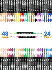 48pcs/36pcs/24pcs/12pcs Color Double Tip Acrylic Marker Pens,Waterproof Drawing Pens,Markers,5mm-1mm,Can Be Written On Stone,Glass,Wood,Canvas,Metal,A Variety Of Objects,Painting,Coloring,Marking,48 Colors Can Be Selected,Very Bright Colors And Festival Painting Project Creation Back To School