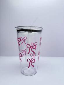 1pc,Cute Pink Bow Reusable Plastic Tea Cup With Lid And Straw,Watar Bottle For Men And Wowen,Office&School& Birthday&Party