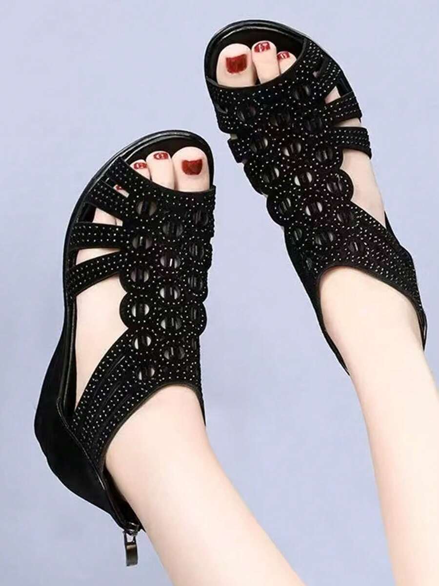 Fashion Wedge Heel Sandals, Soft Bottom Roman Style Mother Shoes, Peep Toe Hollow Out Platform Shoes For Women, Summer - Black - View 1