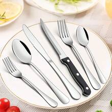 48-Piece Silverware Set With Steak Knives For 8, Stainless Steel Flatware Cutlery Set For Home Kitchen Restaurant Hotel, Kitchen Utensils Set, Mirror Polished, Dishwasher. - 48PCS - 查看 5