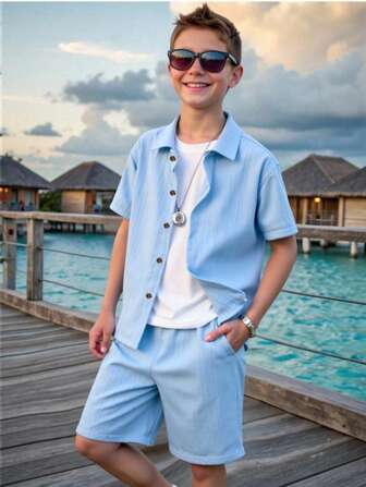 Tween Boy lichtgewicht effen casual shirt met korte mouwen, lente/zomer