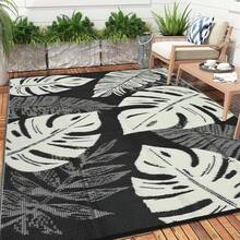 Studyset Outdoor Rug Waterproof 8x10 Reversible Outdoor Plastic Straw Rug Modern Palm Leaves Patio Rug Indoor Outdoor Mat RV Mat Outside Large Outdoor Plastic Straw Rug For Patio Camp Balcony Deck Picnic - 黑色/米色 - 查看 2