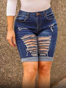 Women's High-Waisted Skinny Fit Denim Shorts - Knee-Length Stretch Distressed Hole Streetwear Style, Machine Washable Spring/Fall Casual Shorts With Built-In Zipper, Cute Shorts - 藍色 - 查看 5