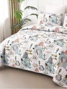 3 Pcs Coastal Bed Quilt Set Queen/King Size - White Blue Summer Nautical Beach Theme Quilted Blanket Thin Reversible Microfiber Bedding Lightweight Soft Bedspread Coverlet Sets For All Season, Room Decor (1 Quilt, 2 Pillow Shams)