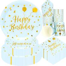 50 piezas/80 piezas Juego de vajilla para fiesta de cumpleaños en azul claro (platos, vasos, servilletas) Decoraciones de fiesta de cumpleaños en azul claro y dorado para hombres y niños, para 10/20 invitados - oro azul - Ver 1