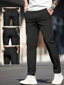Men's Solid Color Pocket Casual Slim Tapered Pants - Black - View 2