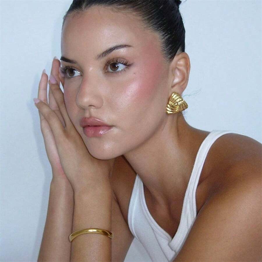 1 对/3 对几何编织条纹耳环，简约三角形和方形线条纹理耳钉，适合女士 - 金色 - 查看 1