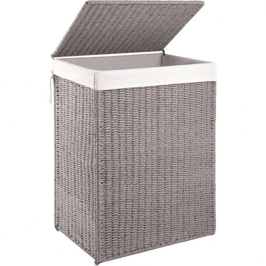 90-Litre Breathable, Sturdy, Hand-Woven PP Rattan Laundry Basket With Lid, Dividers And Handles, Foldable, Removable Lining, Available In Grey Or Yellow, Suitable For Bathroom Storage, Laundry Room Or Bedroom. - 灰色 - 查看 1