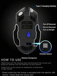 1入組2.4g無線可充電靜音遊戲滑鼠,帶type-c充電口rgb背光,適用於辦公室和家庭使用,可與筆記本電腦和桌上型電腦兼容 - 黑色 - 查看 11