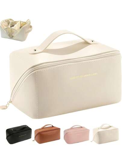 Borsa cosmetica impermeabile in pelle PU, borsa cosmetica portatile, borsa per la conservazione dei cosmetici, borsa per il trucco di grande capacità e a doppio strato, adatta per cosmetici, prodotti per la cura della pelle, conservazione e stoccaggio di cosmetici