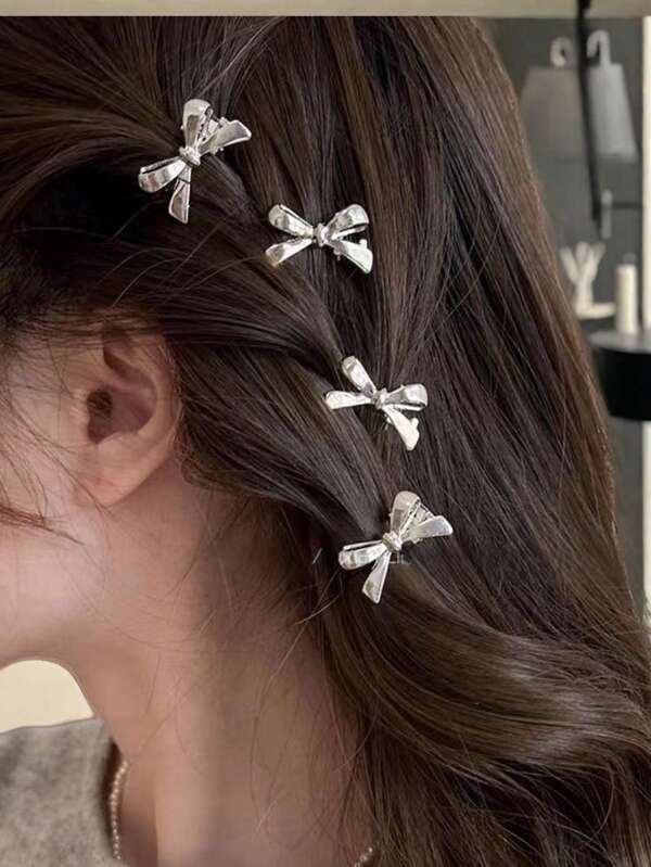 4pcs Korean Style Silver Metal Bowknot Hair Clips, Cute Sweet Silver Alloy Bowknot Small Hair Clip Set For Women, Suitable For Hairstyles Like Ponytails, Bangs And Sides Claw Clips Hair Claws Hair Barrettes, School Stuff, Elegant, College, Winter Outfit For Women, Bows