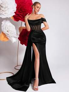 ADYCE Đầm dạ hội khoét vai, đầm maxi dài xòe rộng, eo cao, hở lưng, cổ yếm, đính đá lấp lánh, thắt lưng buộc eo, thích hợp cho các buổi tiệc, dạ hội và các dịp lễ kỷ niệm. - màu đen - Xem 6