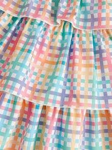 1 件装夏季女童格子无袖芭蕾舞裙配粉色蝴蝶结细节 - 可爱分层薄纱裙 - 彩色 - 查看 5