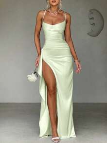 Elegant Sexy Satin Frill Trim Waist Party Dress, Bridesmaid Dress, Formal Gown - Green - View 3