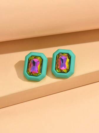 一对水钻装饰矩形和心形优雅耳钉，情人节礼物