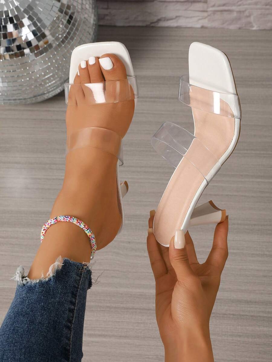 女士高跟凉鞋，简约女士拖鞋，夏季新款凉鞋，时尚透明高跟拖鞋 - 無色 - 查看 1