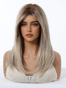 16 Inch Long Straight Wig With Bangs, Ombre Color, Suitable For Women, Synthetic Wig, Suitable For Girls Daily Party Wear, Heat Resistant Long Curly Hair - Blonde Ombre - View 5