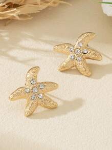 1 Pair Minimalist Metal Smooth Five-Pointed Star & Starfish Stud Earrings For Women, Summer Beach Holiday, Gift For Friend