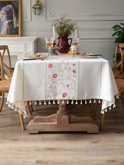 Față de masă brodată cu motive florale roz și frunze verzi, stil minimalist francez de lux, decor de bucătărie pentru casă, potrivită pentru reuniuni de sărbători, petreceri de ziua de naștere, decor de masă, decorare pentru casă, toate anotimpurile