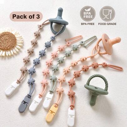 4 dây treo chống thất lạc Baby Daisy, thích hợp cho bình sữa, núm vú giả, đồ gặm nướu, đồ chơi, dây xích chống rơi bằng silicon có kẹp, dây xích chống rơi họa tiết hoa