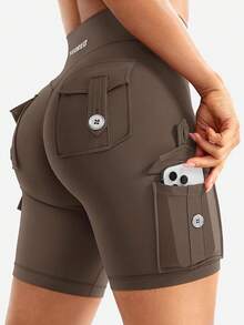 CoreFlex Women Workout Biker Shorts With Cargo Pockets Hidden Scrunch High Waisted 8 Inseam Gym Shorts - Coffee - View 3