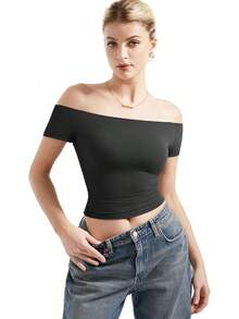 Women Double Lined Off Shoulder Tops Fitted Going Out Basic Shirts - Jet Black - View 2