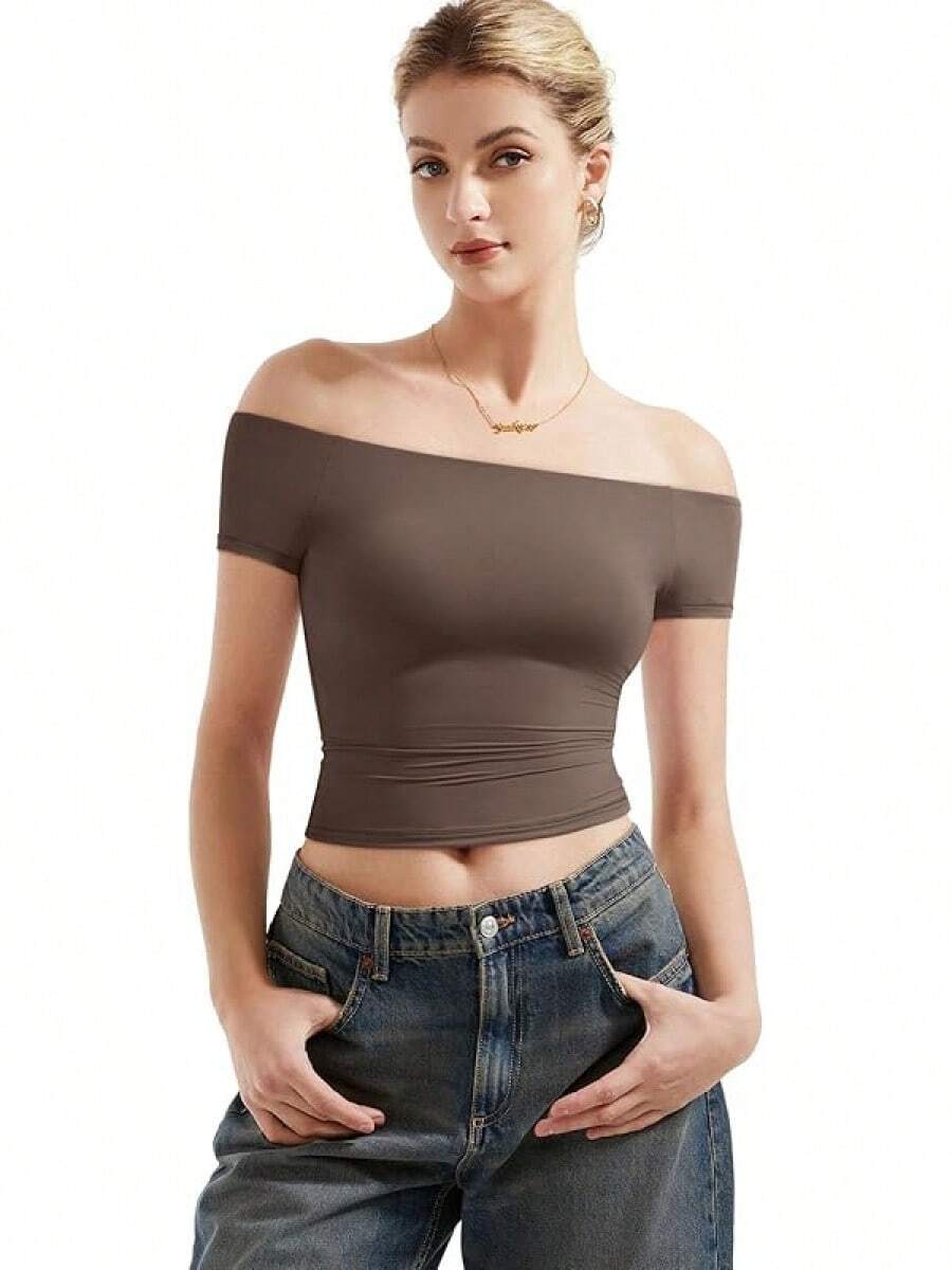 Women Double Lined Off Shoulder Tops Fitted Going Out Basic Shirts - Mocha - View 1