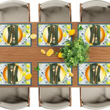 1/2/4/6 Luxury Placemats Lemon Blue Linen Placemats, 30 * 45cm Seasonal Daily Tablecloth Table Mats, Coasters, Suitable For Holiday Party Decoration, Coffee Table And Home Decoration, Kitchen Table And Room Decoration Accessories, Dining Table Decoration, Restaurant Company Gatherings