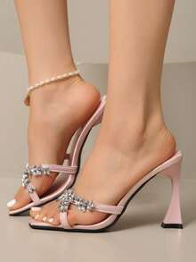 Satin Slide Sandals For Women, Horseshoe Heel, Crystal Decor, Sexy Open Toe Mule Slippers, Suitable For Summer 2025 New Arrivals - Pink - View 6