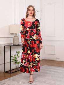 Elegant Vintage Floral Print Backless Tie-Up Dress, Graceful&Modest For Resort, Beach, Banquet, Casual Country Party - Multicolor - View 4