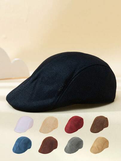 1pc Men's Solid Color Flat Cap With Mesh Design, Breathable Casual Retro Style For Everyday Wear