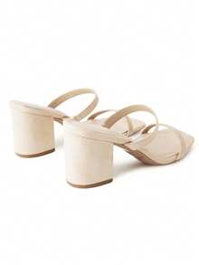 Women Double Strap Low Block Heel Mules – Square Toe Slip-On Minimalist Sandals For Spring Summer Bridesmaid Wedding Party Prom Date Night & Everyday Wear - Da lộn thuần chay màu khỏa thân - Xem 5