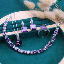 Elegante conjunto de joyería de 5 piezas para mujeres - Collar, aretes, colgante, anillo y pulsera de zirconia cúbica púrpura vintage cuadrada - Perfecto para bodas, regalo de Navidad para mujeres, empaquetado en caja de joyería de alta gama