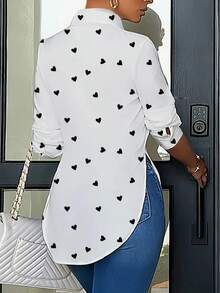 Blusa casual de manga larga con botones delanteros y bajo asimétrico de unicolor para mujer, primavera - Impresión en blanco - Ver 2