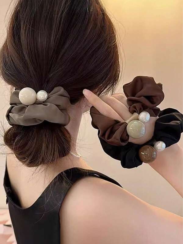 1/3pcs Minimalist Pearl Scrunchie Hair Ties, Satin Elastic Hair Bands Ponytail Holders, Versatile Fashion Accessories