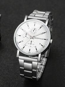 2pcs Classic & Fashion Men's Casual Steel Strap 3-Eye Numeric Scale Dial Quartz Wrist Watch Set, Business Style (Watch Box Not Included) - Silver - View 8
