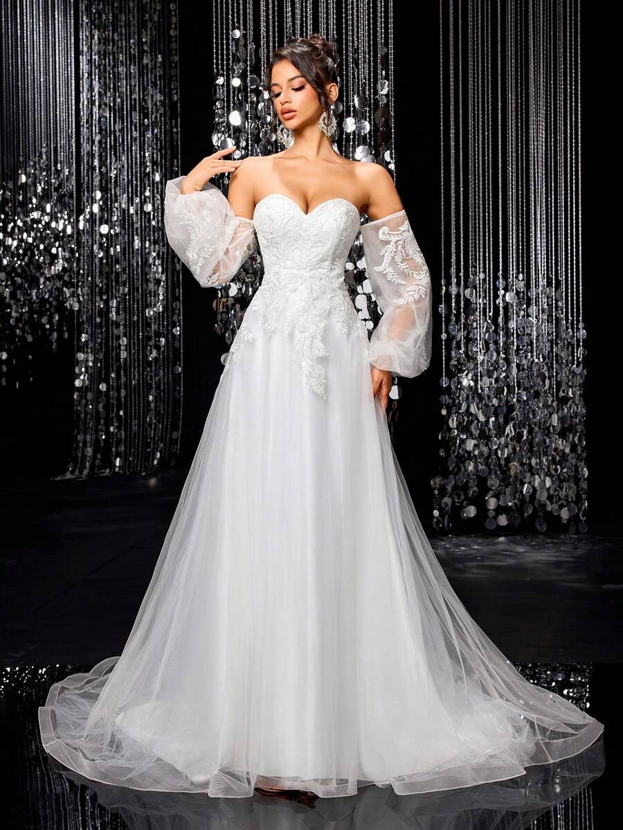 露肩长袖蕾丝婚纱，优雅薄纱新娘礼服，适合新娘、晚礼服和毕业礼服 - 白色 - 查看 1